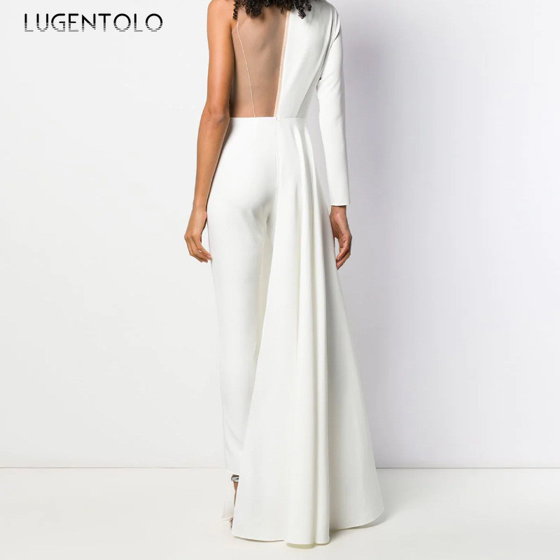 Elegantni ženski kombinezon, tanak, seksi, duboki v-izrez, ravni ženski dugi kombinezoni s jednim ramenom i rukavima Lugentolo