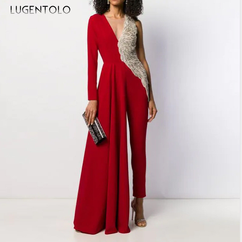 Elegantni ženski kombinezon, tanak, seksi, duboki v-izrez, ravni ženski dugi kombinezoni s jednim ramenom i rukavima Lugentolo