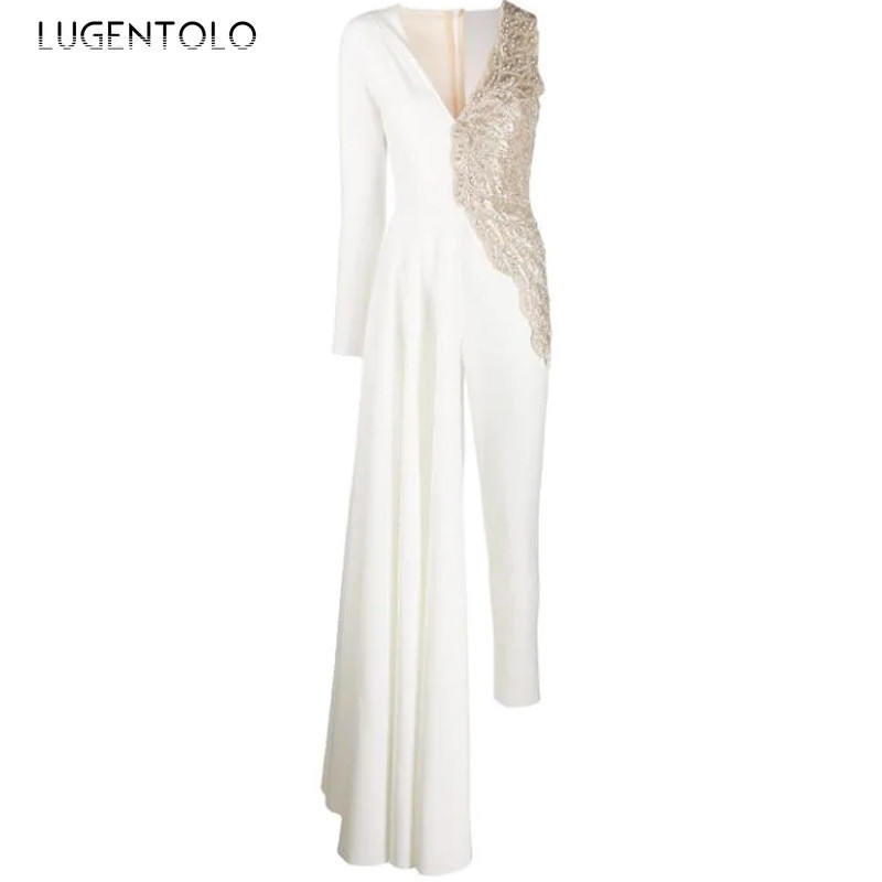 Elegantni ženski kombinezon, tanak, seksi, duboki v-izrez, ravni ženski dugi kombinezoni s jednim ramenom i rukavima Lugentolo