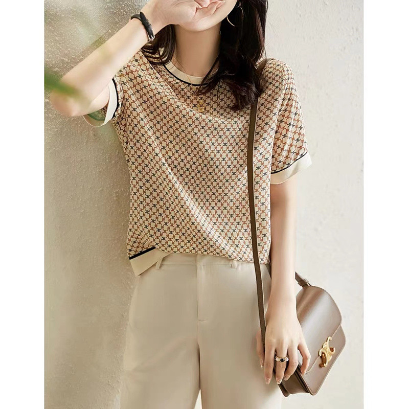 Δυτικό στυλ μεταξωτό κοντομάνικο γυναικείο καλοκαιρινό νέο εμπριμέ στρογγυλό γιακά μπλουζάκι μουριά μεταξωτό σατέν μικρό τοπ λεπτό ευπροσάρμοστο τοπ