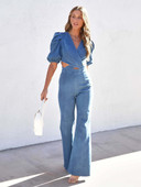 Salopete elegante din denim pentru femei, cu decolteu în V, cu mâneci scurte, cu talie înaltă, sexy, de modă pentru damă, pantaloni largi, subțiri, solidi