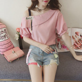 Bluze cu dungi pentru femei, sexy, cu un umăr, bluză largi, albastră, cu mânecă lanternă, cu nasturi de primăvară, cămașă casual Topuri