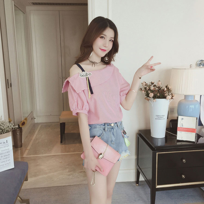 Bluze cu dungi pentru femei, sexy, cu un umăr, bluză largi, albastră, cu mânecă lanternă, cu nasturi de primăvară, cămașă casual Topuri