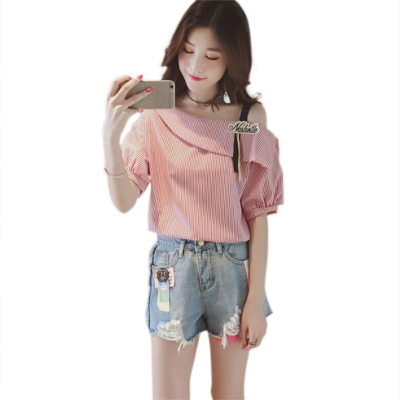 Bluze cu dungi pentru femei, sexy, cu un umăr, bluză largi, albastră, cu mânecă lanternă, cu nasturi de primăvară, cămașă casual Topuri