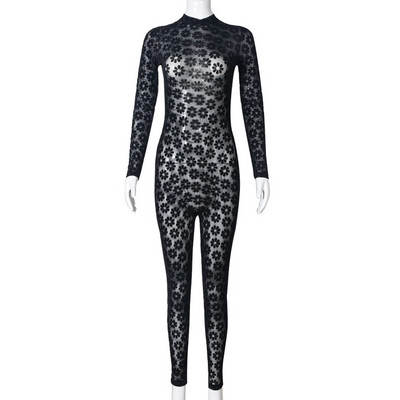 Sexy Perspective Jumpsuits Women Party Club Flocked Slim Zipper Skinny Stretch Άνοιξη Καλοκαίρι Λεπτό μακρυμάνικο μολύβι Ρούχα