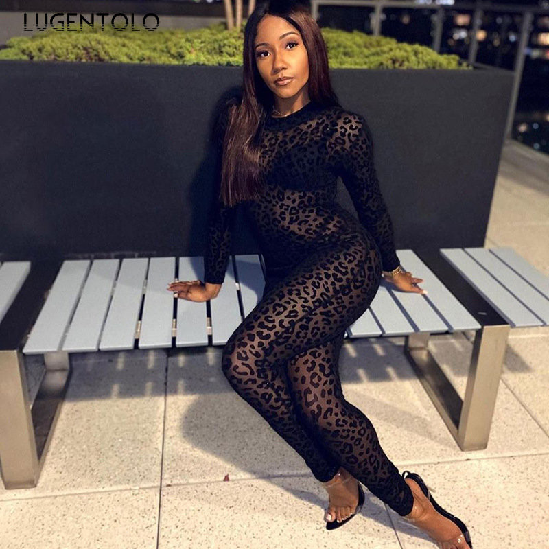 Sexy Perspective Jumpsuits Women Party Club Flocked Slim Zipper Skinny Stretch Άνοιξη Καλοκαίρι Λεπτό μακρυμάνικο μολύβι Ρούχα