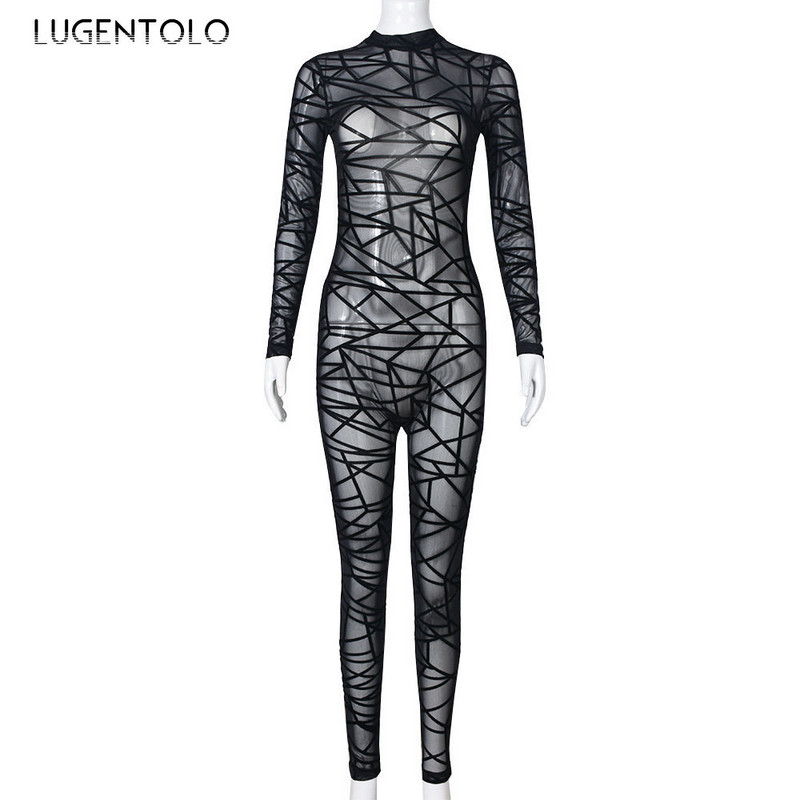 Sexy Perspective Jumpsuits Women Party Club Flocked Slim Zipper Skinny Stretch Άνοιξη Καλοκαίρι Λεπτό μακρυμάνικο μολύβι Ρούχα