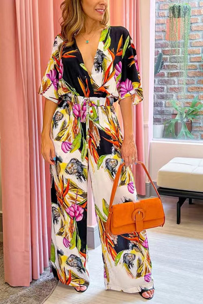 Moteriški elegantiški madingi kombinezonai su gilia V formos iškirpte trumpomis rankovėmis plonomis vasarinėmis elastinėmis aukšto juosmens moteriški kombinezonai plačiomis kelnėmis