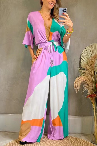 Moteriški elegantiški madingi kombinezonai su gilia V formos iškirpte trumpomis rankovėmis plonomis vasarinėmis elastinėmis aukšto juosmens moteriški kombinezonai plačiomis kelnėmis