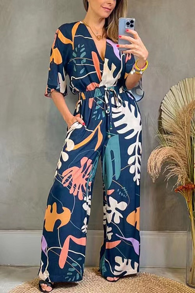 Moteriški elegantiški madingi kombinezonai su gilia V formos iškirpte trumpomis rankovėmis plonomis vasarinėmis elastinėmis aukšto juosmens moteriški kombinezonai plačiomis kelnėmis