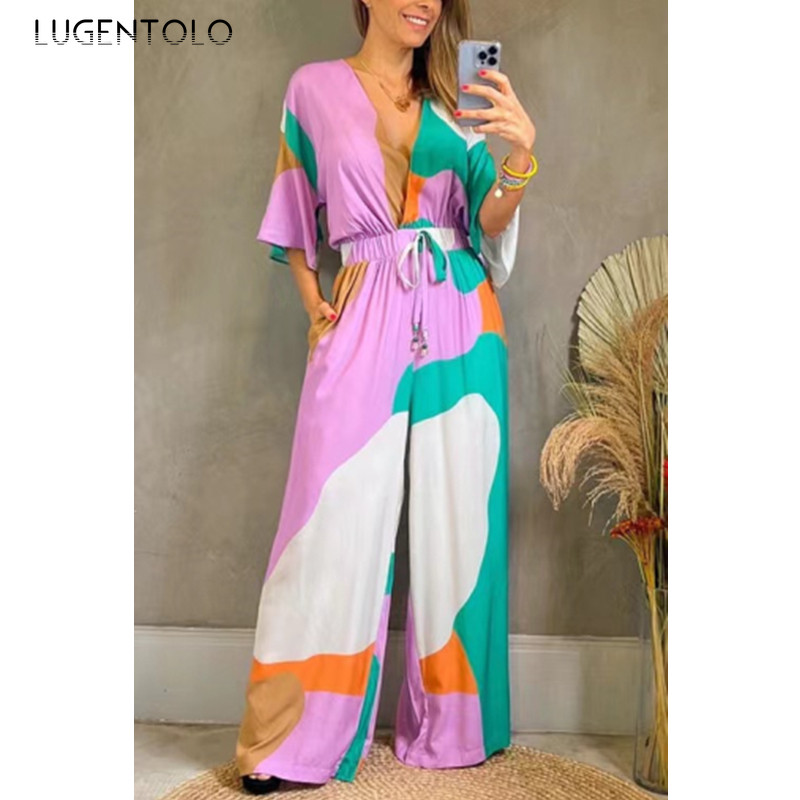 Moteriški elegantiški madingi kombinezonai su gilia V formos iškirpte trumpomis rankovėmis plonomis vasarinėmis elastinėmis aukšto juosmens moteriški kombinezonai plačiomis kelnėmis