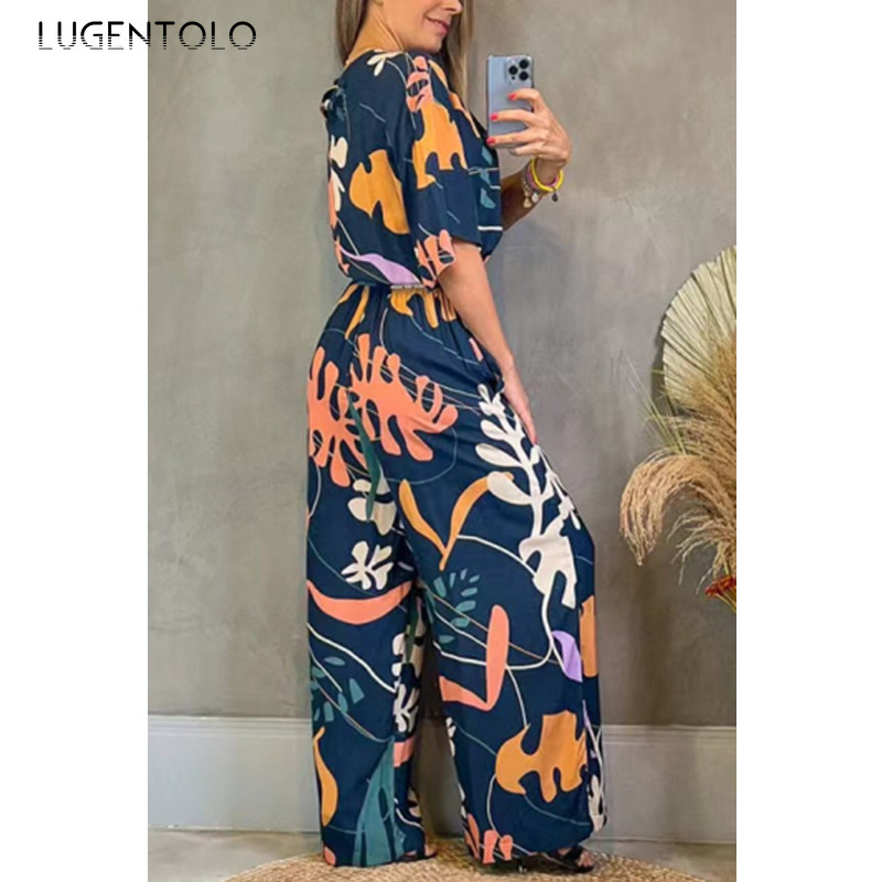 Moteriški elegantiški madingi kombinezonai su gilia V formos iškirpte trumpomis rankovėmis plonomis vasarinėmis elastinėmis aukšto juosmens moteriški kombinezonai plačiomis kelnėmis