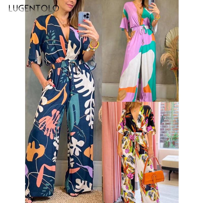 Moteriški elegantiški madingi kombinezonai su gilia V formos iškirpte trumpomis rankovėmis plonomis vasarinėmis elastinėmis aukšto juosmens moteriški kombinezonai plačiomis kelnėmis