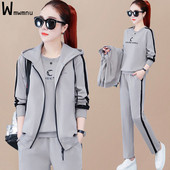 Supradimensionat 4XL ținute sport casual femei primăvară toamnă Seturi 3 piese Topuri imprimate îmbinate + paltoane cu fermoar cu glugă + costum pantaloni de jogging