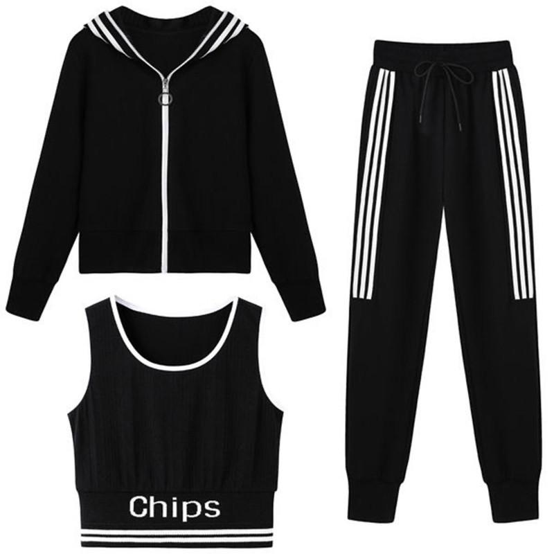 Topuri crop sexy pentru sală de gimnastică Seturi de 3 piese Vestă fără mâneci cu litere îmbinate + Manecă lungă cu glugă cu fermoar + Pantaloni jogger Trening Costume