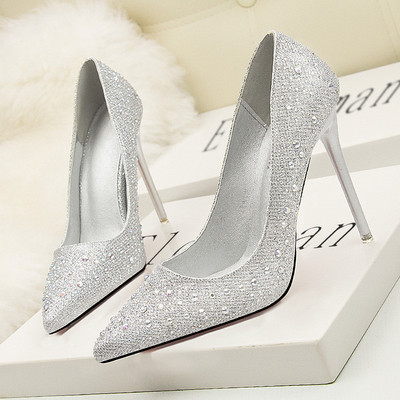 Módne krištáľové špicaté špičky svadobné topánky pre ženy jarné flitrované látkové plytké vysoké podpätky dámske sexy párty topánky žena lodičky