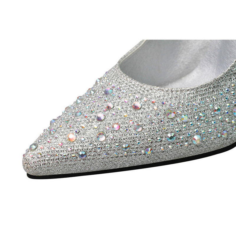 Módne krištáľové špicaté špičky svadobné topánky pre ženy jarné flitrované látkové plytké vysoké podpätky dámske sexy párty topánky žena lodičky