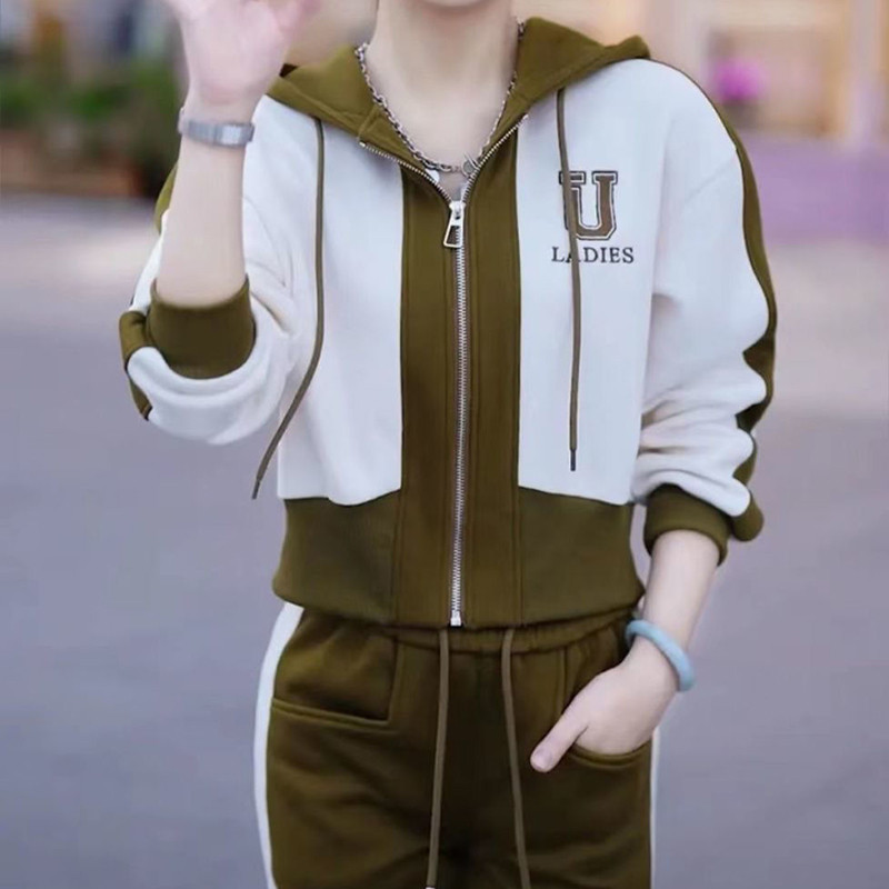 Coreeană 2 bucăți Seturi cu glugă, scurtă, mozaic, haină, trening, talie înaltă, până la glezne, pantaloni harem, costume pentru jogger, ansamblu casual