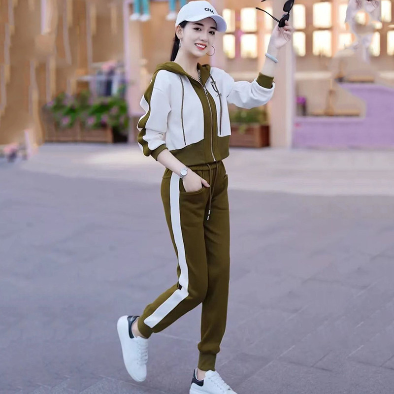 Coreeană 2 bucăți Seturi cu glugă, scurtă, mozaic, haină, trening, talie înaltă, până la glezne, pantaloni harem, costume pentru jogger, ansamblu casual