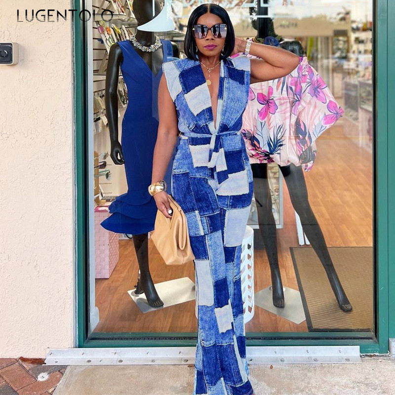 Dámske šnurovacie overaly s potlačou, letné bez rukávov, sexy, hlboký výstrih do V, dáma s vysokým pásom, elastické, ležérne, pouličné, široké nohavice