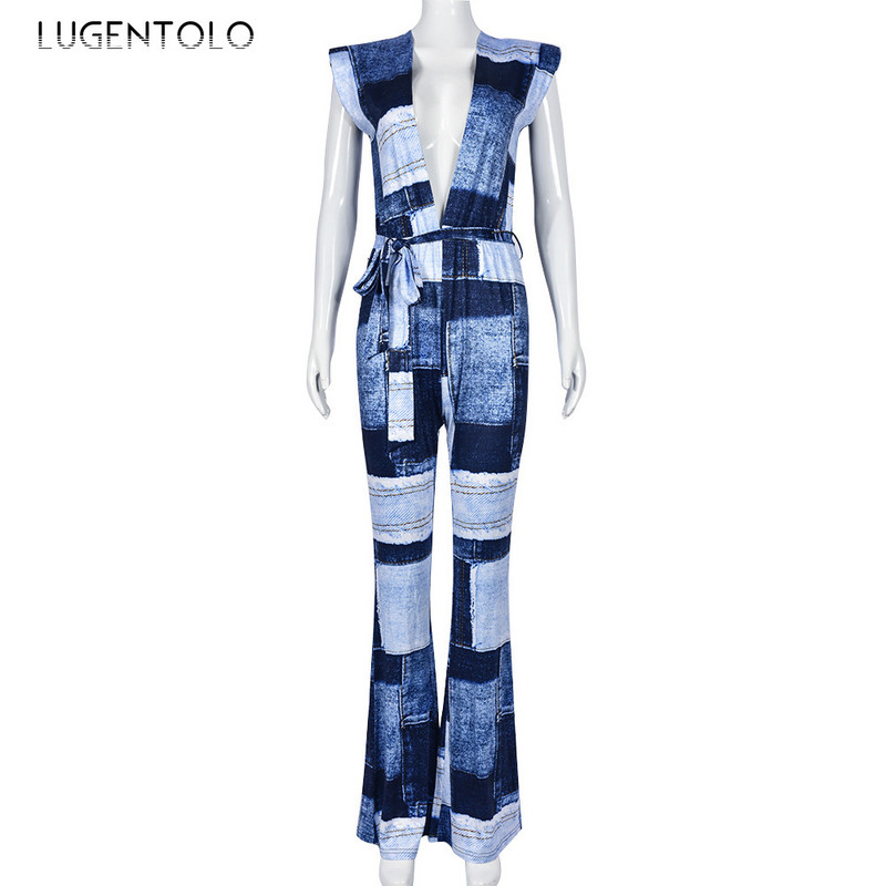 Dámske šnurovacie overaly s potlačou, letné bez rukávov, sexy, hlboký výstrih do V, dáma s vysokým pásom, elastické, ležérne, pouličné, široké nohavice