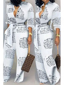 Elegantni ženski kombinezon s ležernim uzorkom dugih rukava s V-izrezom, uski modni ženski dugi kombinezoni širokih nogavica Lugentolo