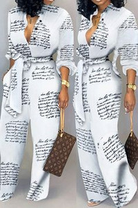 Elegantni ženski kombinezon s ležernim uzorkom dugih rukava s V-izrezom, uski modni ženski dugi kombinezoni širokih nogavica Lugentolo