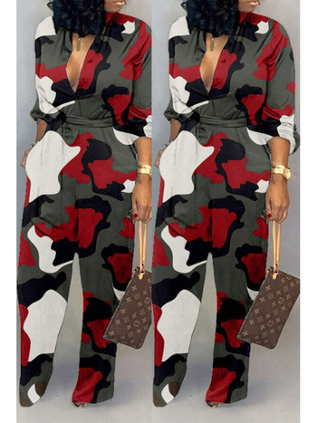 Ολόσωμη φόρμα Κομψή γυναικεία casual στάμπα με μακρύ μανίκι V-λαιμόκοψη λεπτή μόδα Γυναικεία φαρδιά πόδια Μακριές φόρμες Lugentolo