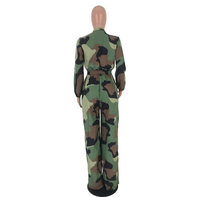 Elegantni ženski kombinezon s ležernim uzorkom dugih rukava s V-izrezom, uski modni ženski dugi kombinezoni širokih nogavica Lugentolo