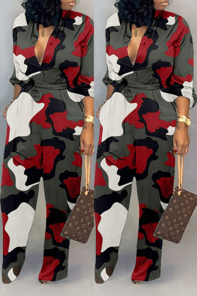 Elegantni ženski kombinezon s ležernim uzorkom dugih rukava s V-izrezom, uski modni ženski dugi kombinezoni širokih nogavica Lugentolo