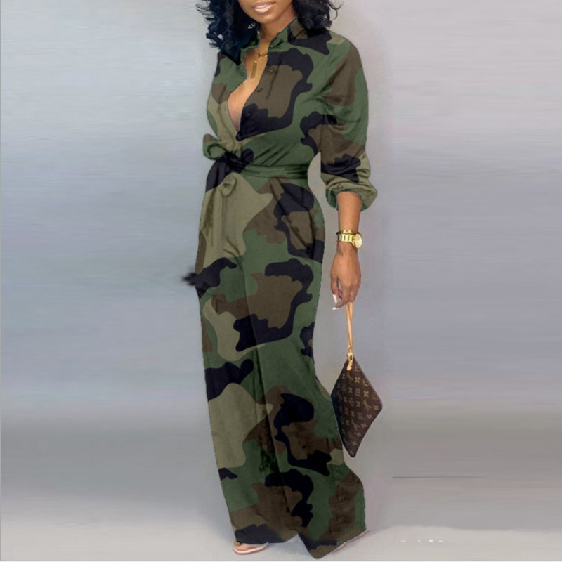 Elegantni ženski kombinezon s ležernim uzorkom dugih rukava s V-izrezom, uski modni ženski dugi kombinezoni širokih nogavica Lugentolo