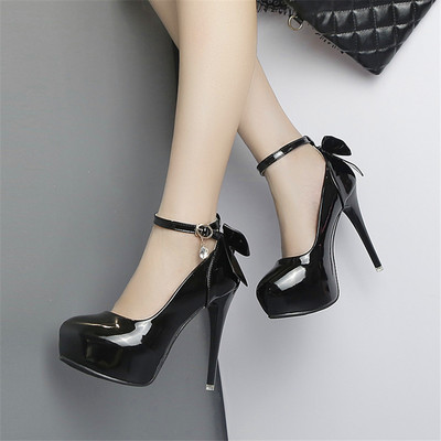 Dulce Bowknot 12 cm pantofi cu toc super înalt pentru femei pantofi cu cataramă de cristal cu platformă pantofi sexy din piele lăcuită cu vârf rotund pantofi de mireasă pentru femei