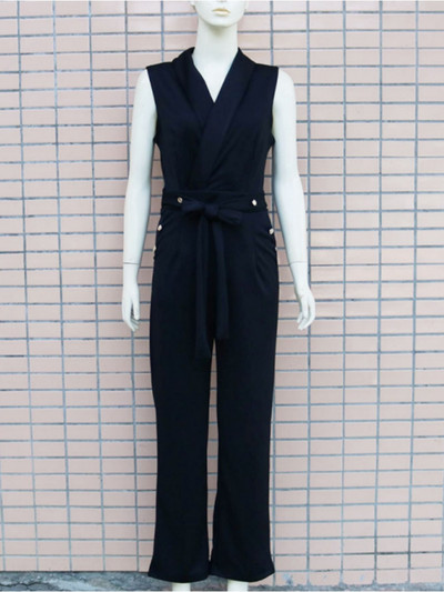 Salopetă de damă la modă pentru femei, cu rever, fără mâneci, subțire, cu șireturi, primăvară, vară, pentru femei, cu buzunar solid, cu talie înaltă