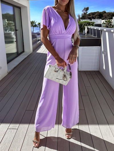 Ženski kombinezoni s visokim strukom i dubokim V izrezom, seksi kratkih rukava, jednobojne, uredske dame, elegantne hlače širokih nogavica