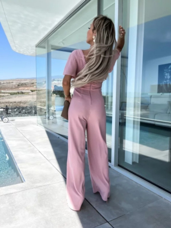 Ženski kombinezoni s visokim strukom i dubokim V izrezom, seksi kratkih rukava, jednobojne, uredske dame, elegantne hlače širokih nogavica