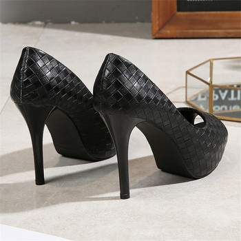 Μόδα καρό μοτίβο μαύρα δερμάτινα γυναικεία παπούτσια 2023 Νέα αδιάβροχη πλατφόρμα Ρηχή σέξι γυναικεία αντλία Γραφείο δεξιώσεων με ψηλοτάκουνα παπούτσια
