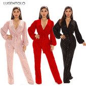 Ženski seksi kombinezoni sa šljokicama V-izrez za zabave dugih rukava Elegantni proljetni ženski ležerni dugi kombinezon širokih nogavica s patentnim zatvaračem