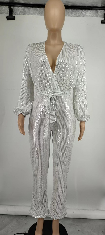 Ženski seksi kombinezoni sa šljokicama V-izrez za zabave dugih rukava Elegantni proljetni ženski ležerni dugi kombinezon širokih nogavica s patentnim zatvaračem