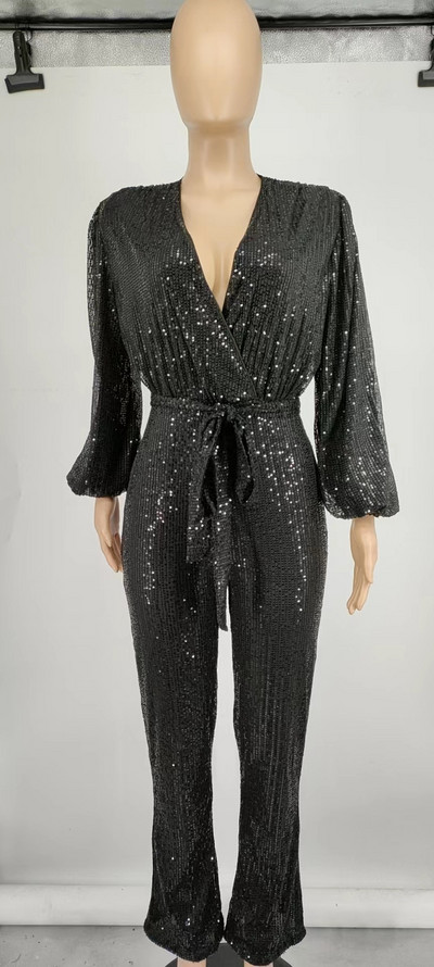 Ženski seksi kombinezoni sa šljokicama V-izrez za zabave dugih rukava Elegantni proljetni ženski ležerni dugi kombinezon širokih nogavica s patentnim zatvaračem