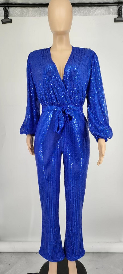 Ženski seksi kombinezoni sa šljokicama V-izrez za zabave dugih rukava Elegantni proljetni ženski ležerni dugi kombinezon širokih nogavica s patentnim zatvaračem