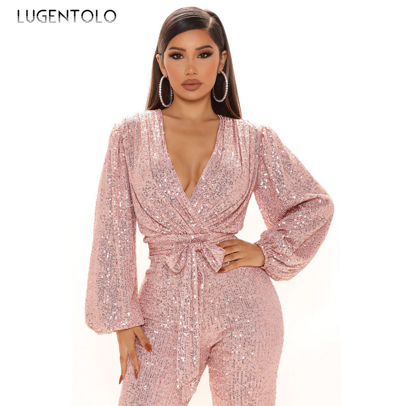 Ženski seksi kombinezoni sa šljokicama V-izrez za zabave dugih rukava Elegantni proljetni ženski ležerni dugi kombinezon širokih nogavica s patentnim zatvaračem