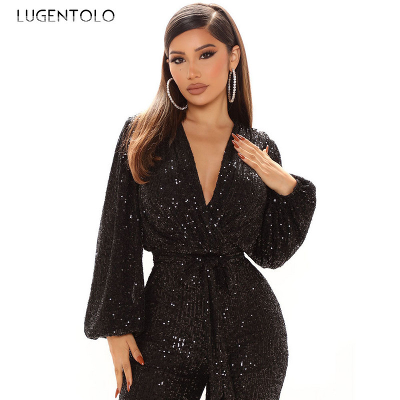 Ženski seksi kombinezoni sa šljokicama V-izrez za zabave dugih rukava Elegantni proljetni ženski ležerni dugi kombinezon širokih nogavica s patentnim zatvaračem