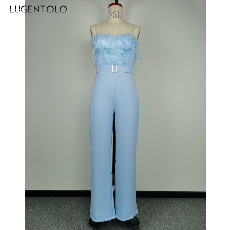 Σέξι ολόσωμες φόρμες γυναικείο στήθος αμάνικο χωρίς πλάτη μονόχρωμο μπλε μόδα Άνοιξη Καλοκαίρι Eladies Κομψή φόρμα για πάρτι Lugentolo