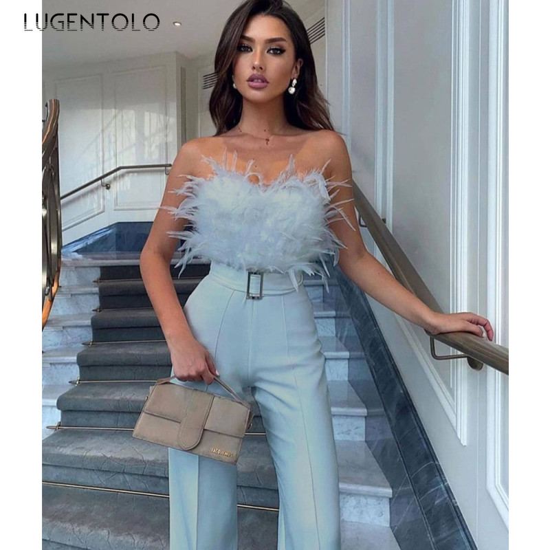 Σέξι ολόσωμες φόρμες γυναικείο στήθος αμάνικο χωρίς πλάτη μονόχρωμο μπλε μόδα Άνοιξη Καλοκαίρι Eladies Κομψή φόρμα για πάρτι Lugentolo