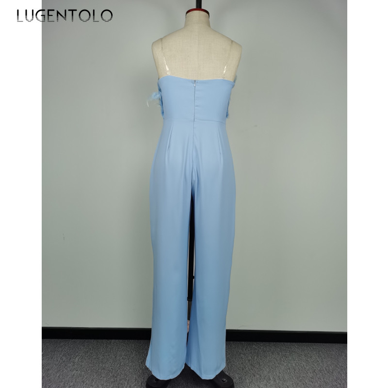 Σέξι ολόσωμες φόρμες γυναικείο στήθος αμάνικο χωρίς πλάτη μονόχρωμο μπλε μόδα Άνοιξη Καλοκαίρι Eladies Κομψή φόρμα για πάρτι Lugentolo