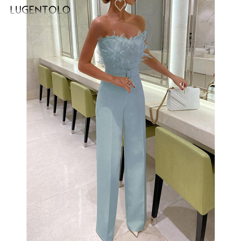 Σέξι ολόσωμες φόρμες γυναικείο στήθος αμάνικο χωρίς πλάτη μονόχρωμο μπλε μόδα Άνοιξη Καλοκαίρι Eladies Κομψή φόρμα για πάρτι Lugentolo