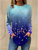 Dámske tričko s motýľovou potlačou, modrá mikina s dlhým rukávom, módny výstrih do O, regulárny strih, maľba na motýle, jar a jeseň 2023