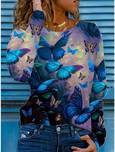 Dámske tričko s motýľovou potlačou, modrá mikina s dlhým rukávom, módny výstrih do O, regulárny strih, maľba na motýle, jar a jeseň 2023
