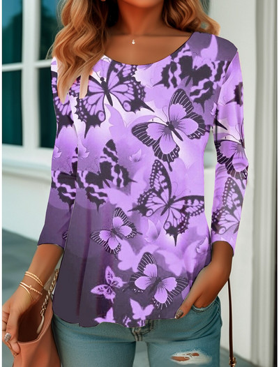 Dámske tričko s motýľovou potlačou, modrá mikina s dlhým rukávom, módny výstrih do O, regulárny strih, maľba na motýle, jar a jeseň 2023