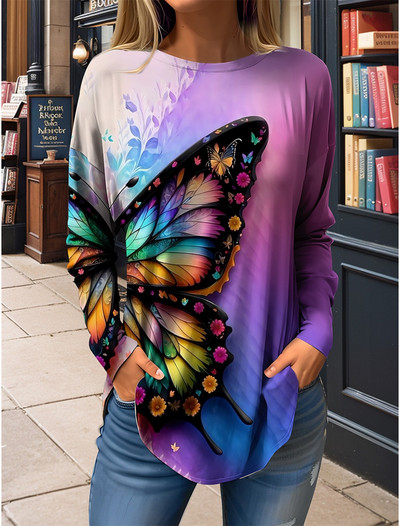 Dámske tričko s motýľovou potlačou, modrá mikina s dlhým rukávom, módny výstrih do O, regulárny strih, maľba na motýle, jar a jeseň 2023